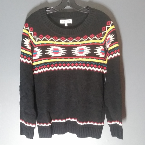 On Fire! Sz.1X Black Tribal Aztec Print Crew Neck Pullover Lightweight Sweater - Picture 4 of 8